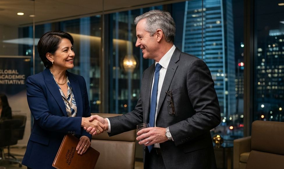 Two education professionals discussing academic referral agreements