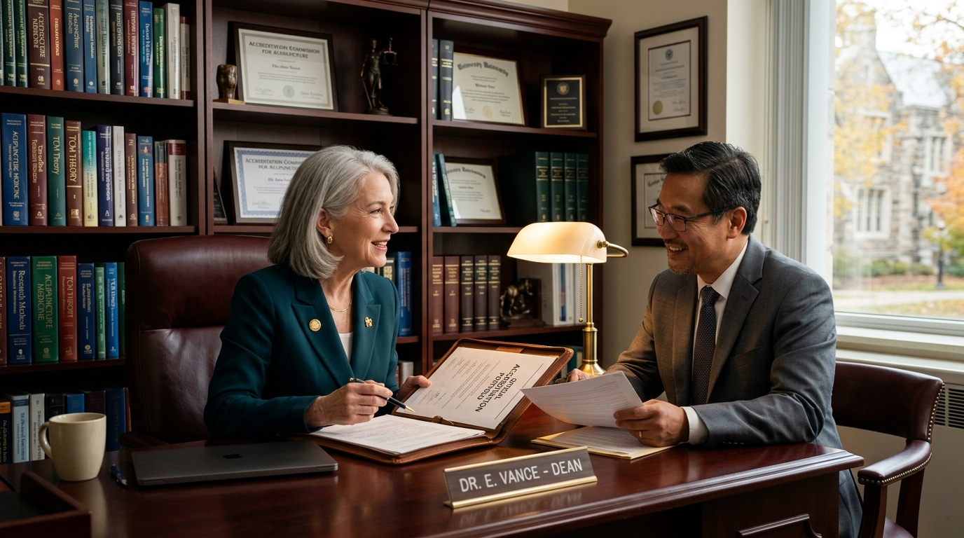 Acupuncture college Dean and admissions director reviewing partnership agreements