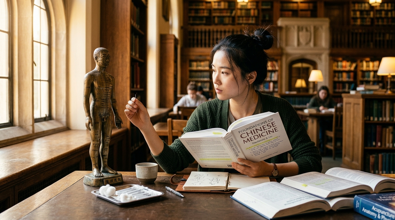 Aspiring acupuncture student studying with meridian model in library
